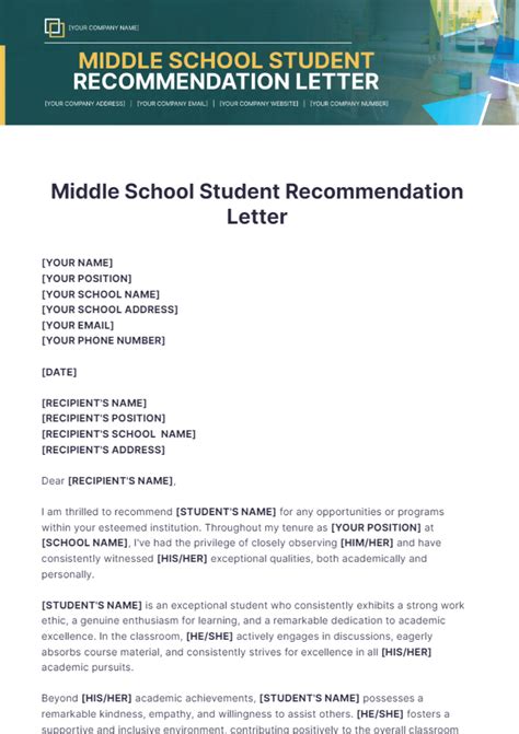 sample recommendation letter for middle school student