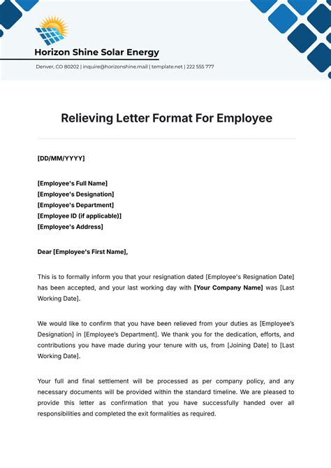 Sample Relieving Format For Employee