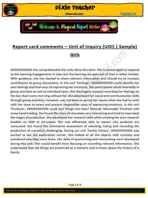 Sample Report Comments For Inquiry Learning Units