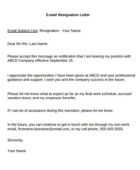 Sample Resignation Letter Email