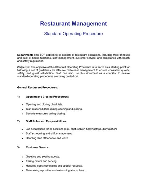 Sample Restaurant Policy And Procedure Template
