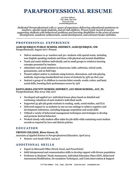 Sample Resume For A Paraprofessional
