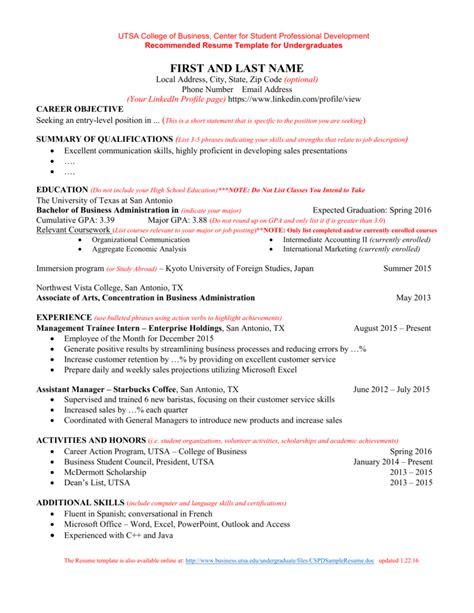sample resume utsa college of business undergraduate
