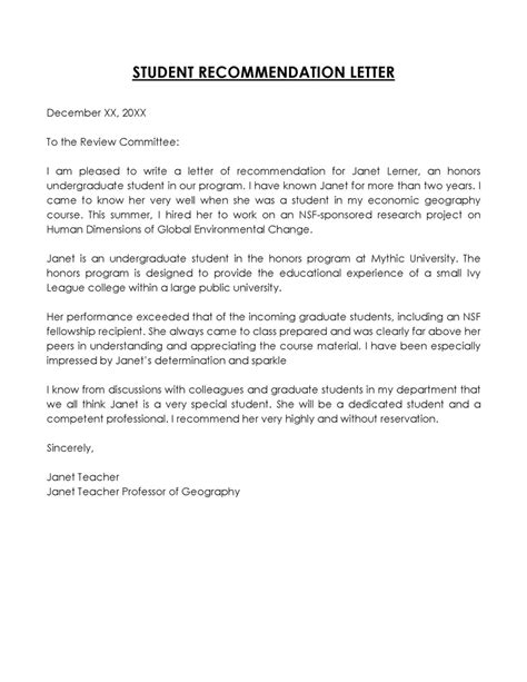 Sample Student Recommendation Letter For Private School