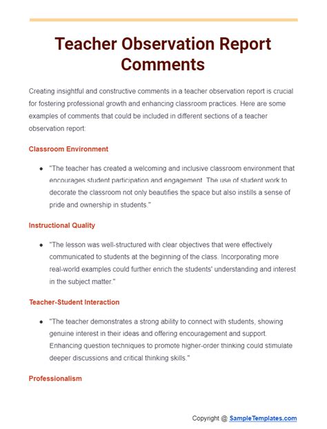 Sample Teacher Observation Report