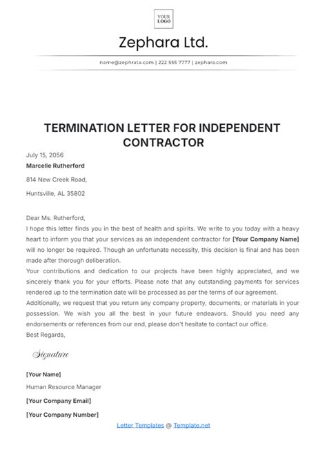 sample termination letter independent contractor