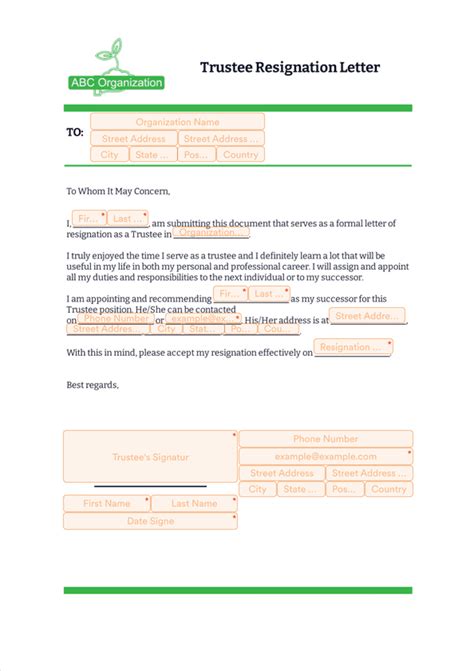 Sample Trustee Letter Resignation