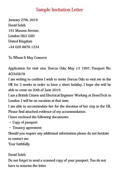 sample uk visitor invitation letter