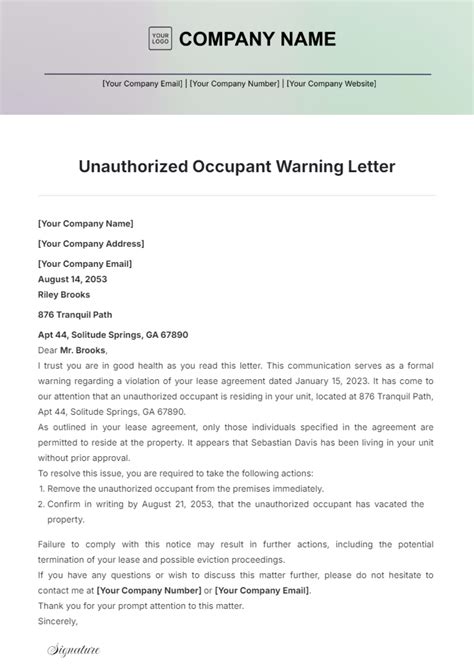 Sample Unauthorized Occupant Letter