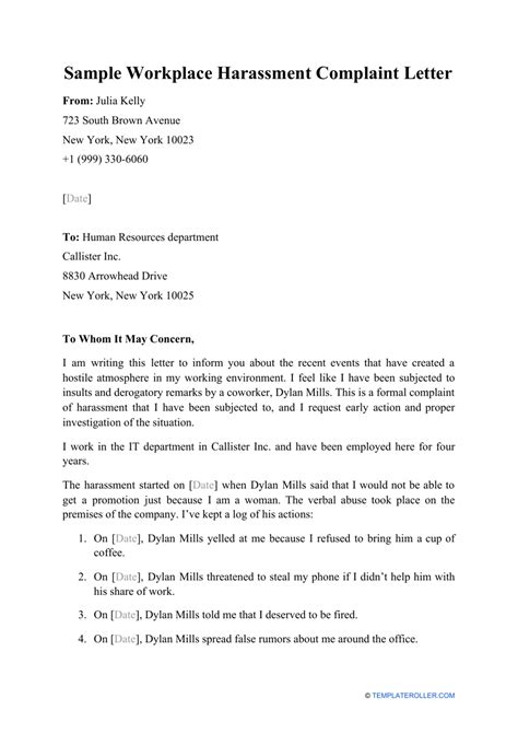 sample workplace harassment complaint letter