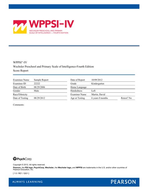 Sample Wppsi Iv Score Report Pearson Clinical