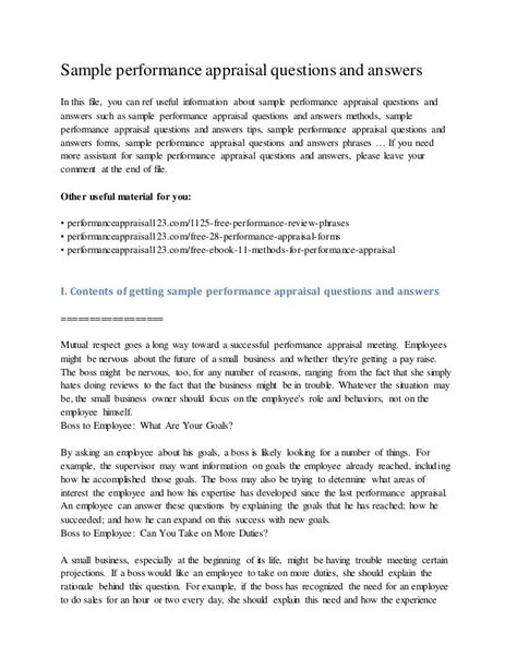 Read Online Sample Answers To Performance Appraisal 
