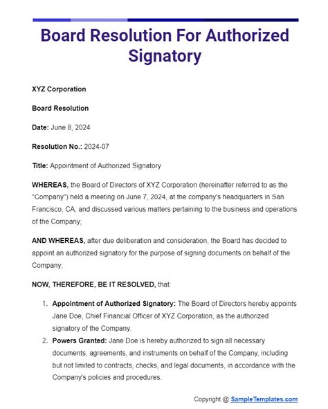 Read Online Sample Board Resolution Authorized Signatories 