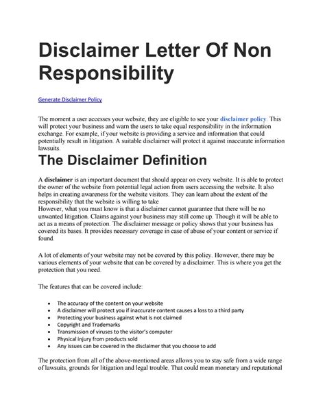 Read Sample Disclaimer Letter Of Non Responsibility 