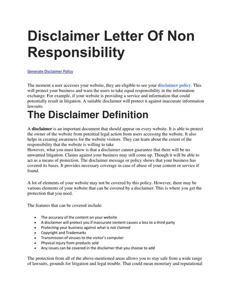 Read Sample Disclaimer Letter Of Non Responsibility 