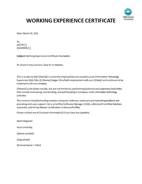 Full Download Sample Experience Certificate For Software Engineer 