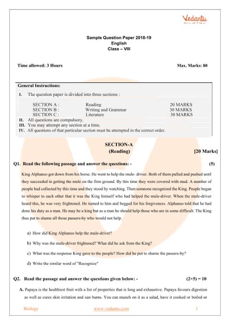 Read Sample Paper Of English For Class 8 Cbse 