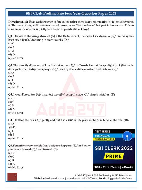 Full Download Sample Question Paper For Sbi Clerk Exam 