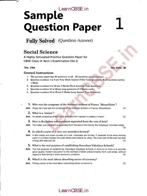 Read Sample Question Papers For Class 9 Cbse Sa1 2011 