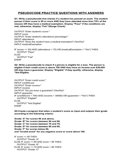 Full Download Sample Questions And Answers For Pseudocode 