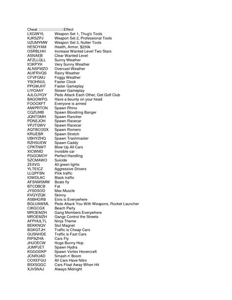 San Andreas Cheat Codes On Pc