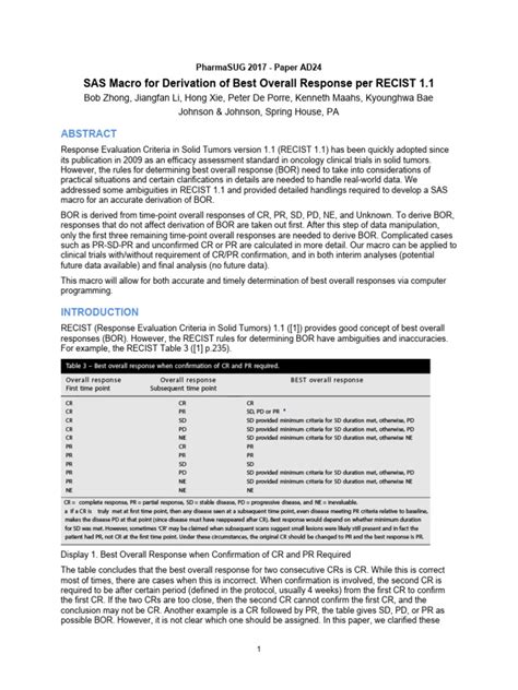 Sas Code Recist Best Overall Response