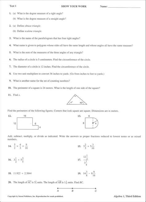 Saxon Math Algebra 1 Test Answer Key Links Blog