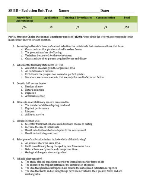 sbi3u evolution unit test questions