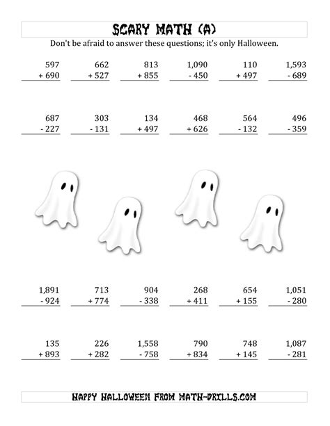 Scary Addition And Subtraction With Triple Digit Numbers Halloween Addition And Subtraction Worksheets - Halloween Addition And Subtraction Worksheets