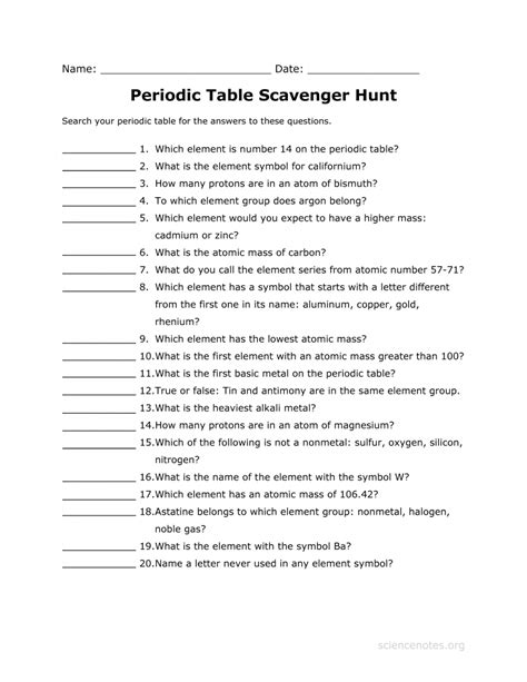 Scavenger Hunt Worksheet With Periodic Table Elements Scavenger Periodic Table Element Worksheet - Periodic Table Element Worksheet