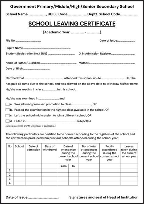 School Leaving Certificate Format In Hindi