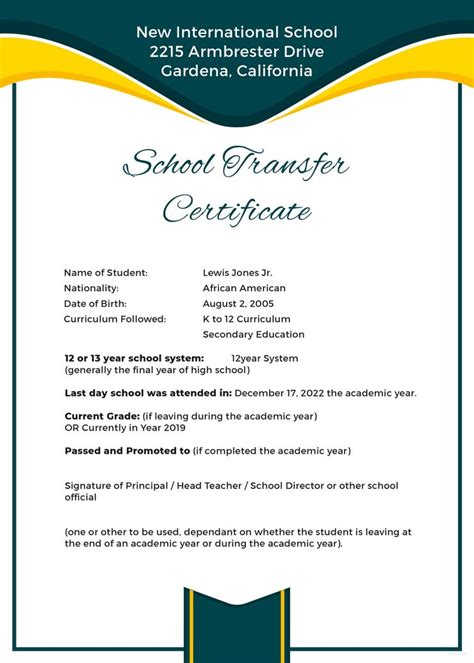 school transfer certificate template sample bing