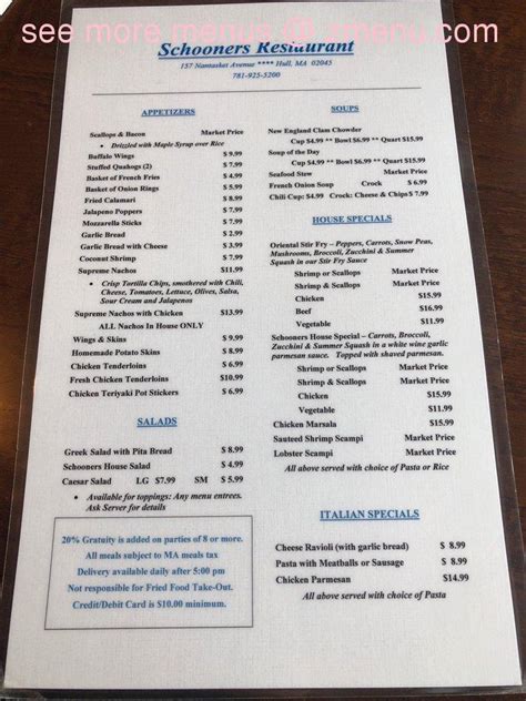 Schooners Menu