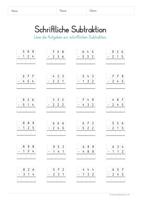 schriftliches subtrahieren ohne übertrag arbeitsblätter