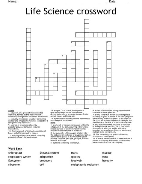 Science 4th Life Science Crossword Name Free Pdf Science Crosswords - Science Crosswords