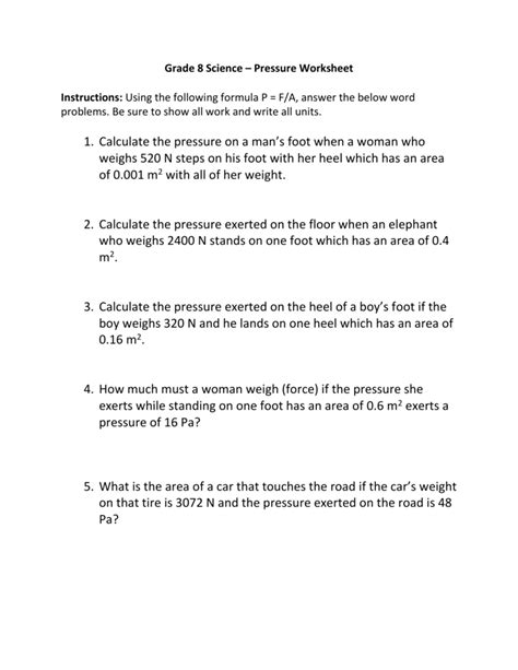Science 8 Pressure Calculations Worksheet Answers   Calculating Force Worksheet Answers - Science 8 Pressure Calculations Worksheet Answers