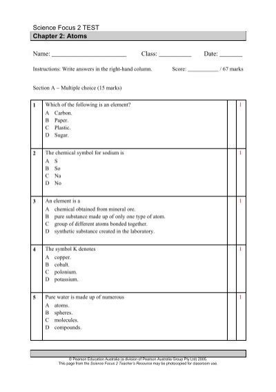 science focus 2 test chapter 2 atoms
