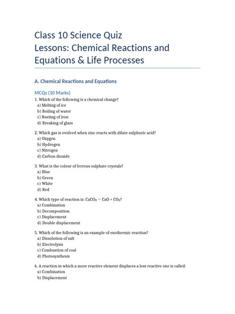 Science Quiz For Class 10