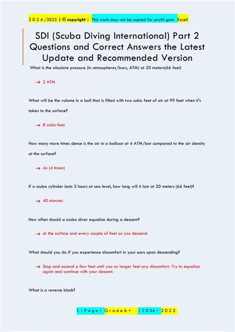 scuba diving international test answers