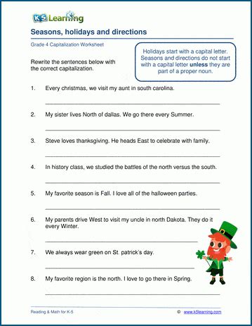 Seasons Holidays And Directions Capitalization K5 Learning Capitalization Worksheet Grade 4 - Capitalization Worksheet Grade 4
