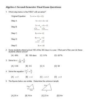 Second Semester Algebra 1 Final Answers