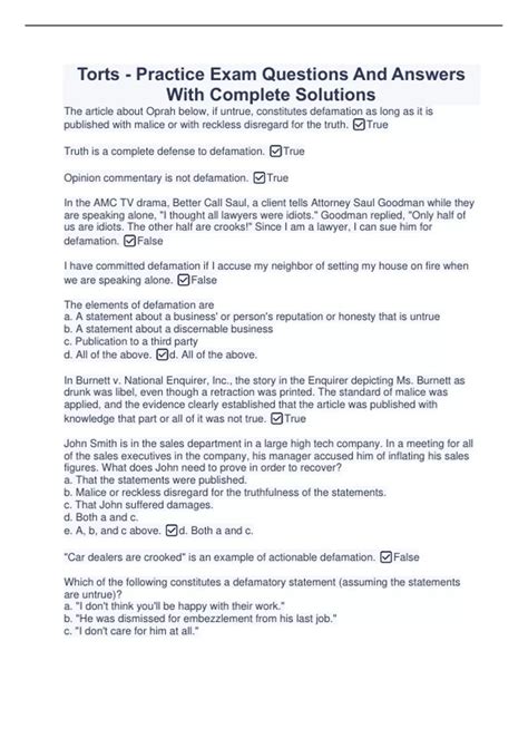Second Semester Torts Practice Exam Questions