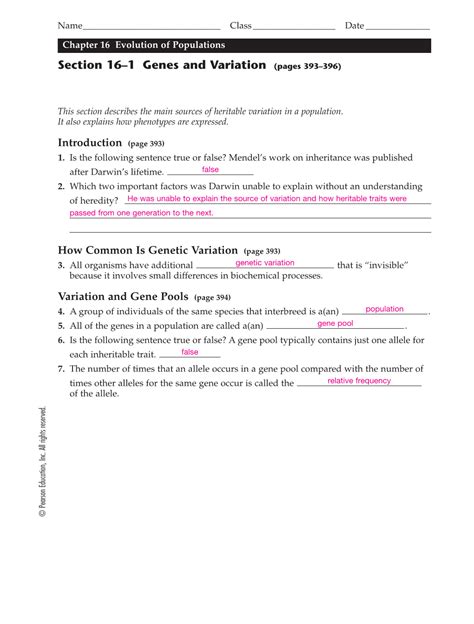 Section 16 1 Genes And Variation Worksheet Answers