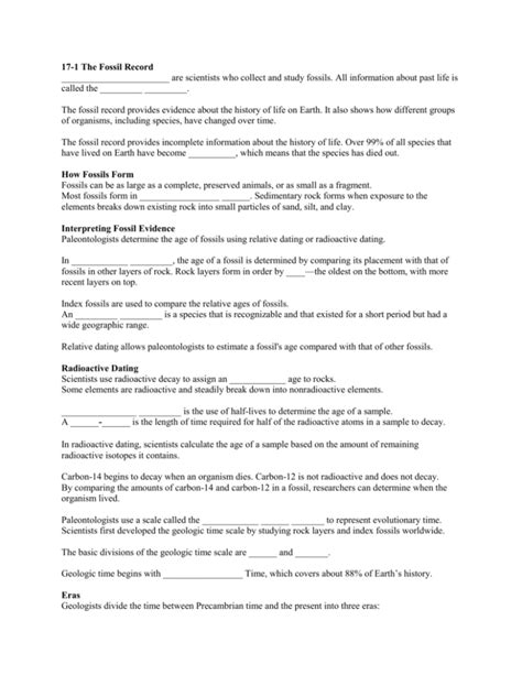 section 17 1 the fossil record worksheet