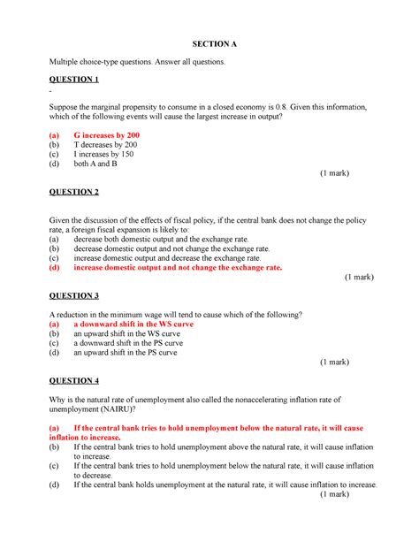 section a multiple choice questions