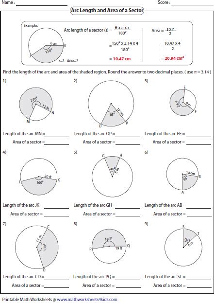 Sector Area And Arc Length Worksheet   Circles Arc Length And Sector Area Worksheets - Sector Area And Arc Length Worksheet