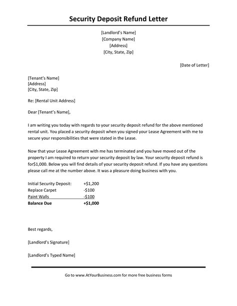 security deposit refund letter from landlord