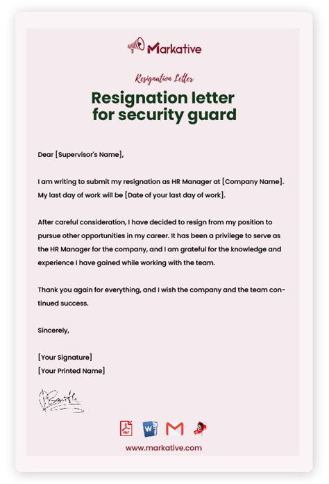 Security Guard Resignation Letter