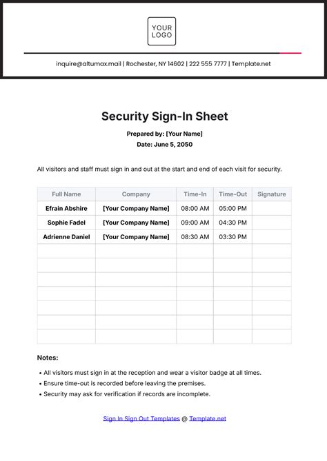 Security Sign In Sheet Template