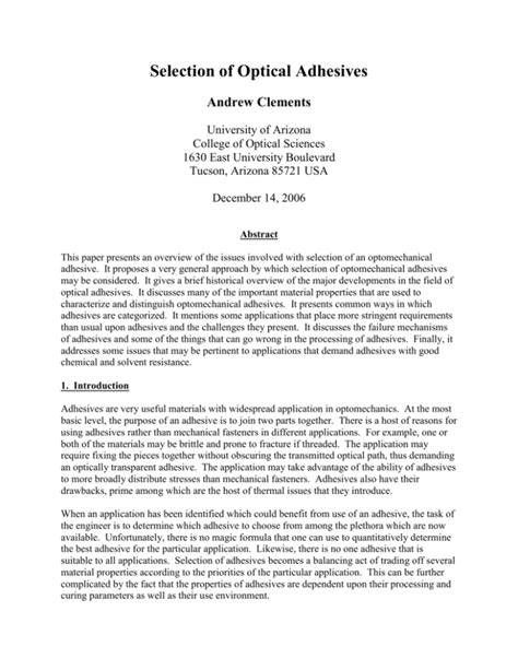 selection of optical adhesives university of arizona